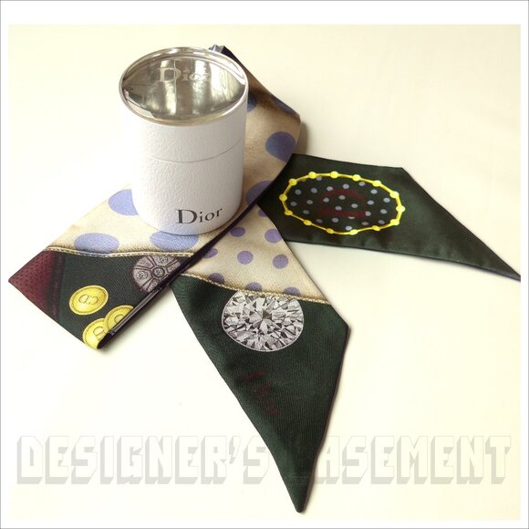 CHRISTIAN DIOR "D" for Dots pattern ABCDIOR MITZAH skinny 2-sided Silk scarf NIB - Picture 1 of 6